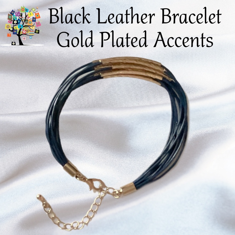 Leather Bracelet in Black with Gold Accents - Picture 1 of 2